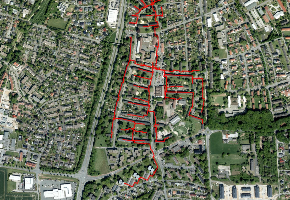 Kartierte Streckenf&uuml;hrung der dokumentierten Fernw&auml;rmetrasse in Soest