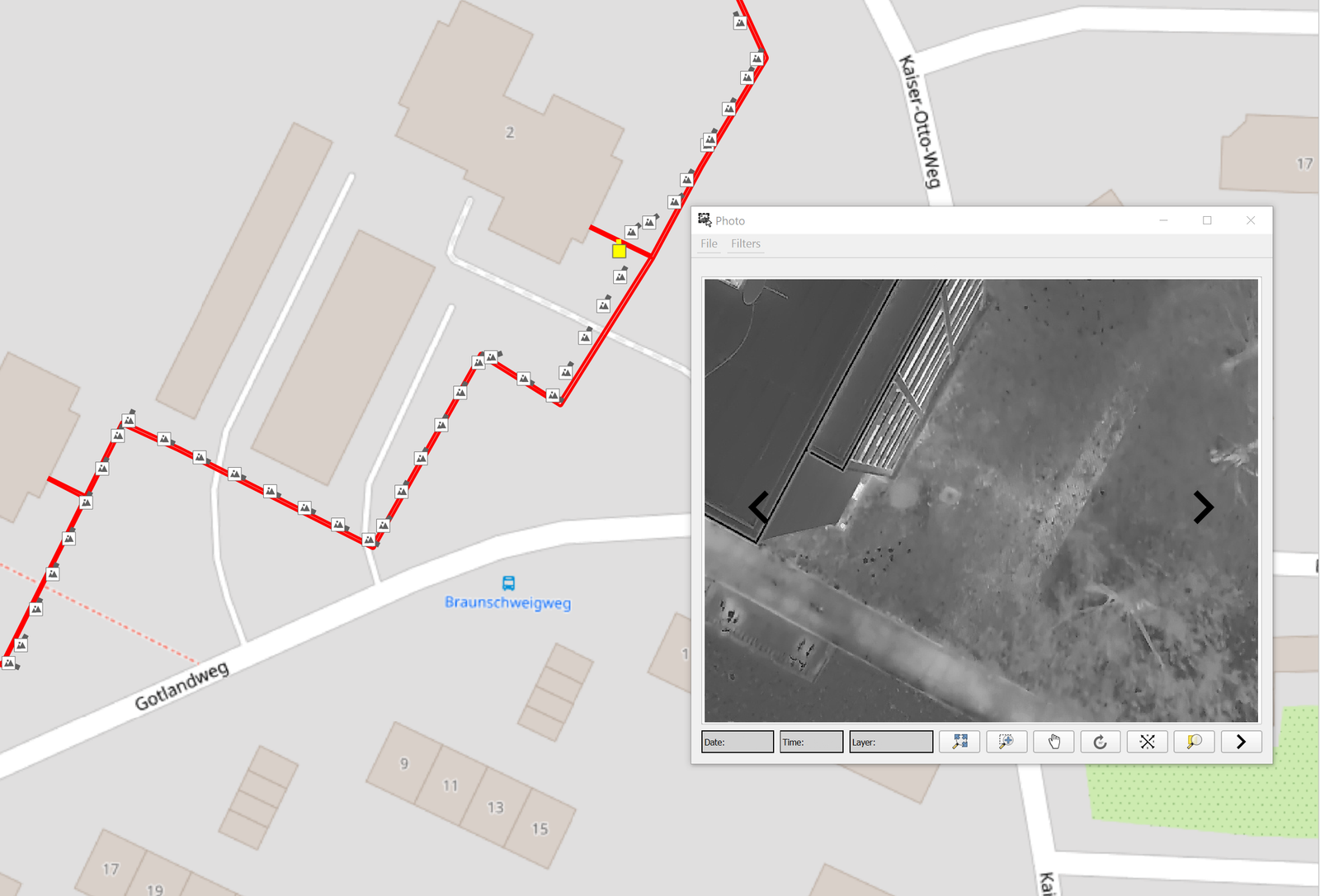 Kartierte Streckenf&uuml;hrung mit georeferenzierten W&auml;rmebildern und Positionsbezug entlang der Fernw&auml;rmetrasse in Soest